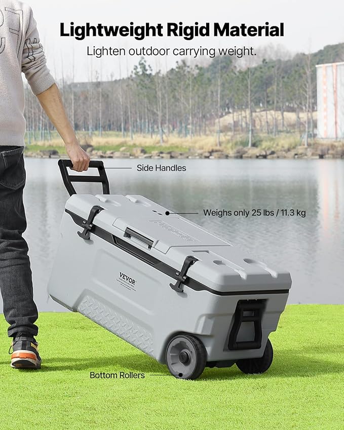 VEVOR Ultra-Light Hard Cooler, Ice Retention Cooler with Heavy Duty Handle, Ice Chest Lunch Box for Camping, Travel, Outdoor, Keeps Cool for up to 6 Days, 30% Lighter Than Rotomolded Coolers