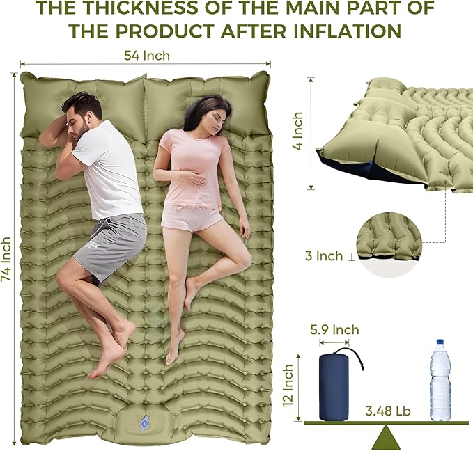 Double Camping Sleeping Pad, Ultra-Lightweight Inflatable Sleeping Mat with Built-in Pillow, Foot Pump, Compact and Portable, Ideal for Outdoor Camping, Backpacking, Hiking(Duo)