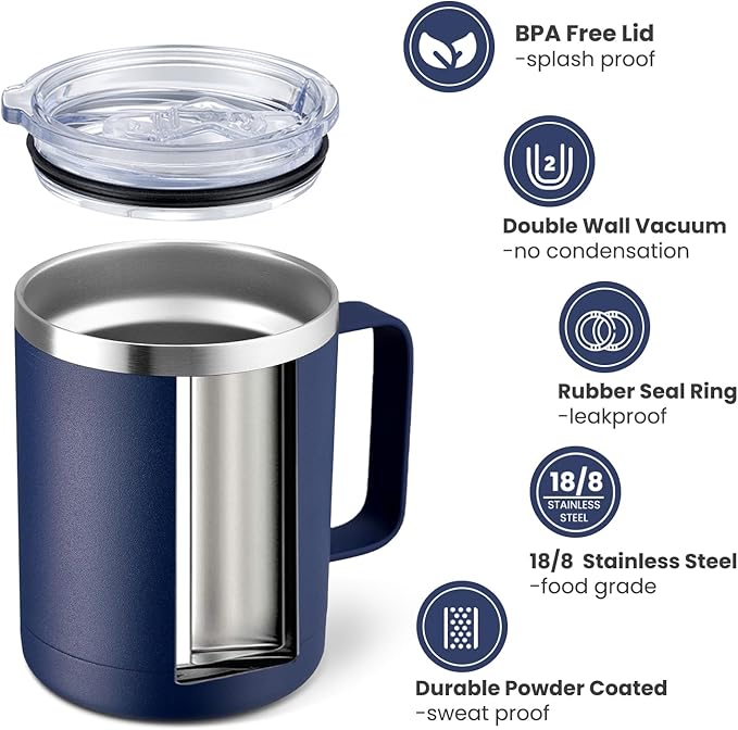 MEWAY 12oz Coffee Mug With Handle 2 Pack Bulk,Stainless Steel Insulated Travel Tumblers With Sliding Lid,Double Wall Vacuum Camping Cup for Hot & Cold Drinks (Navy Blue, 2)