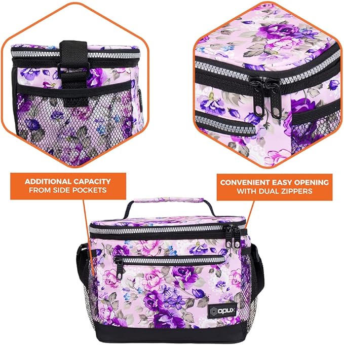 opux Insulated Lunch Box Men Women, Lunch Bag for Work School, Leakproof Soft Cooler Tote Adult, Large Lunch Pail Kids Boys Girls, Picnic Beach Food Bag with Shoulder Strap, Purple Floral