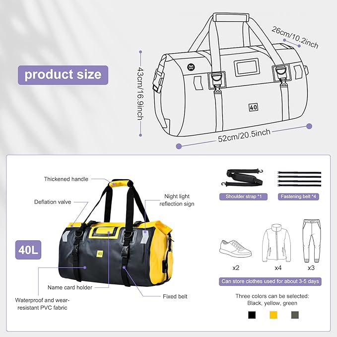 Waterproof Duffel Bag，Roll-Top Heavy Duty Dry Duffle Bag，Motorcycle Dry Bag，with Quick-fixed Straps，with Large Storage Space, Perfect for Traveling, Camping, Kayaking, Fishing & Canoeing (yellow, 40L)