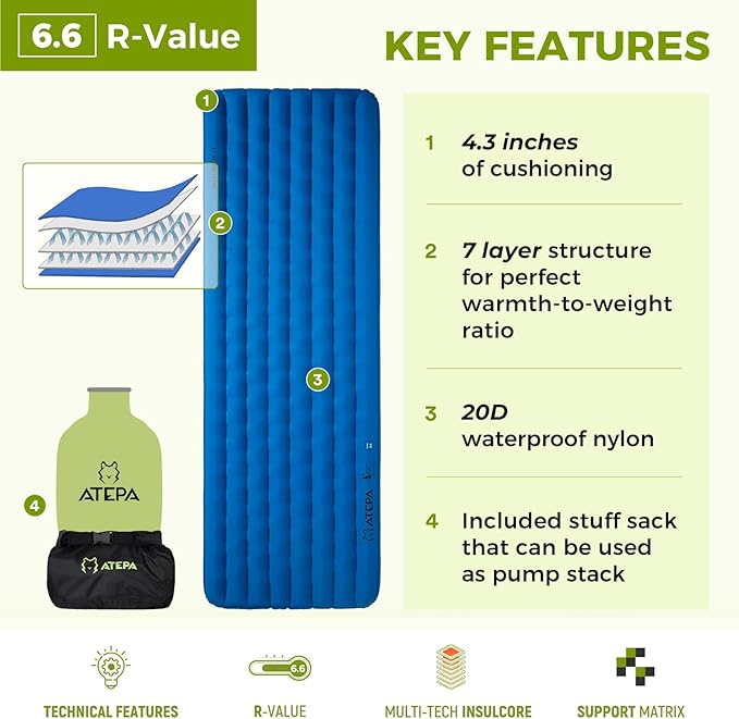 ATEPA Backpacking Sleeping Pad, 6.6 R-Value Insulated Ultralight Inflatable Sleeping Pad Thick Folding Camping Mattress with 7 Layers & Storage Bag for Camping Backpacking, Wide Long Size (78"x27")