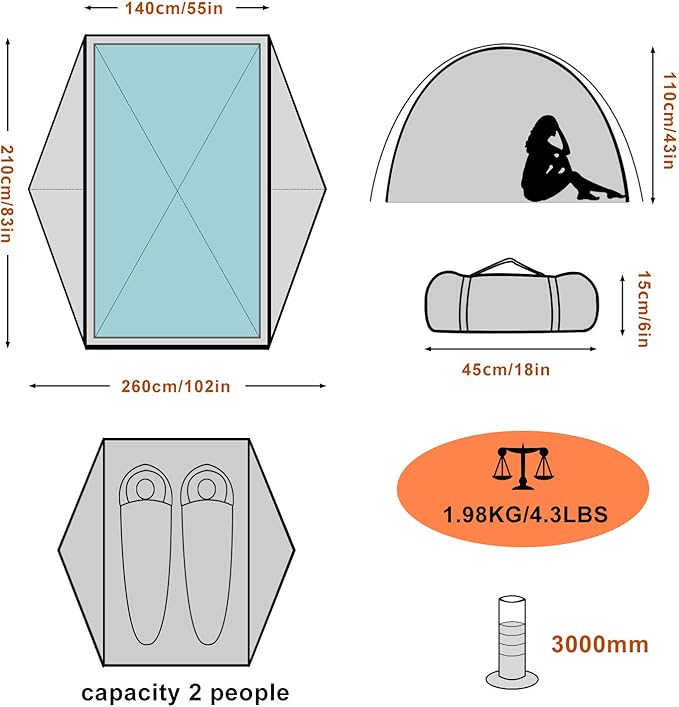 BISINNA 2 Person Camping Tent Lightweight Backpacking Tent Waterproof Windproof Two Doors Easy Setup Free Standing Double Layer Ultralight Tent for Camping Outdoor Hunting Hiking Mountaineering Travel