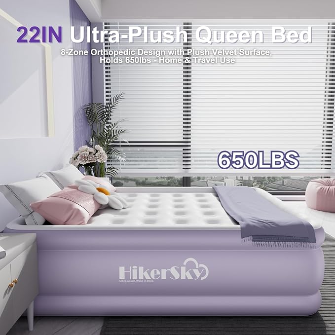 Air Mattress Queen with Built in Wireless Battery Pump,22'' Blow Up Inflatable Air Bed for Camping,Home,Thick Velvet Texture Waterproof,22'' Purple