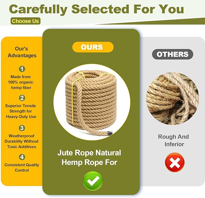 Jute Rope 1 Inch 150 Feet Hemp Rope for Deer, Heavy Duty, Twisted, Natural, Tug of War, for Crafts, Home Decorating Gardening Bundling