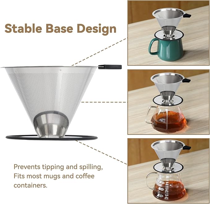 Pour Over Coffee Dripper Filter: Reusable Stainless Steel Coffee Filters - Metal Cone Filter Paperless Single Cup Coffee Maker 1-2 Cup with Double Mesh & Non-slip Cup Stand Sliver
