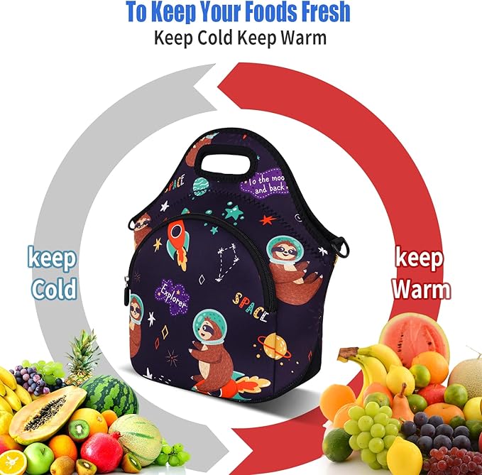 Violet Mist Neoprene Lunch Bag Insulated Lunch Bag Tote Cute Large Thermal Lunchbags with Pocket Detachable Adjustable Shoulder Strap Lunchbox Food Handbags Gifts for Women Men Adult, Space Sloth