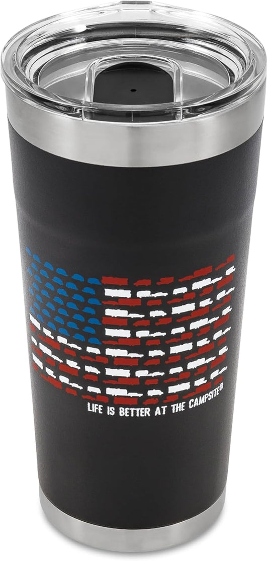Camco Life is Better at The Campsite Tumbler | Heavy Duty Double Wall Vacuum Insulation | Crafted of 18/8 Stainless Steel | Unique RV U.S Flag Design on Charcoal Background | 20-oz (53065)