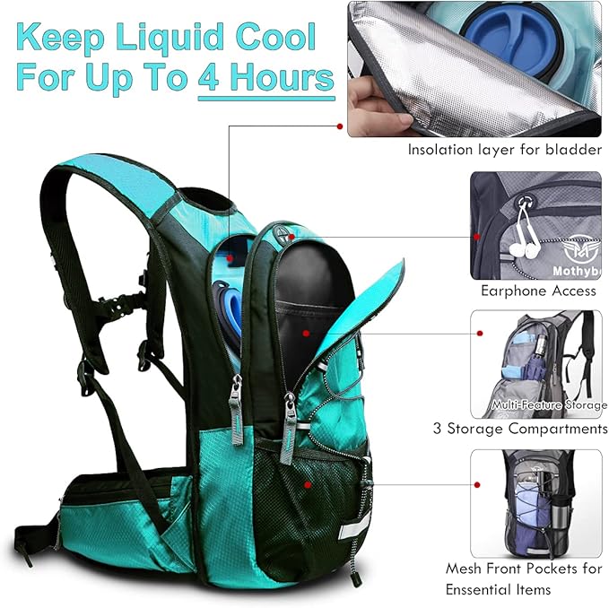 Hydration Pack, Insulated Hydration Backpack with 2L BPA Free Water Bladder and Storage, Hiking Backpack for Men, Women, Kids for Running, Cycling, Camping - Keep Liquid Cool up to 5 Hours