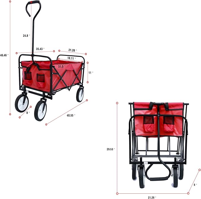 Collapsible Folding Wagon Garden Shopping Beach Cart,Heavy Duty Utility Buggy with Big Wheels,Adjustable Handle and Cup Holder,for Sand,Camping,Outdoor,40.55",Red