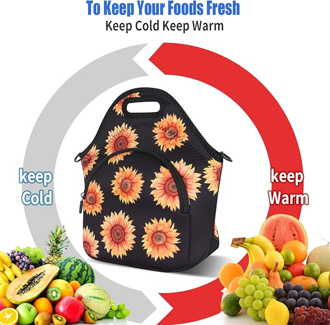 Violet Mist Neoprene Floral Lunch Bag, Sunflower, 12.6"L x 11.8"H x 6.3"W, Adjustable Shoulder Strap, Waterproof, Eco-Friendly