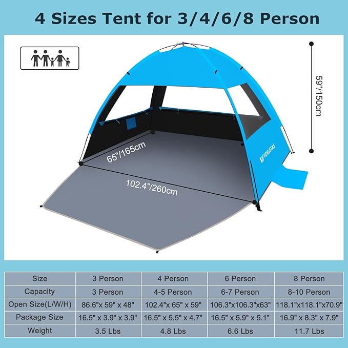 Venustas Beach Tent Sun Shelter for 3-10 Person, UPF 50+ UV Protection Canopy, Lightweight and Easy Setup Cabana, Portable Beach Shade
