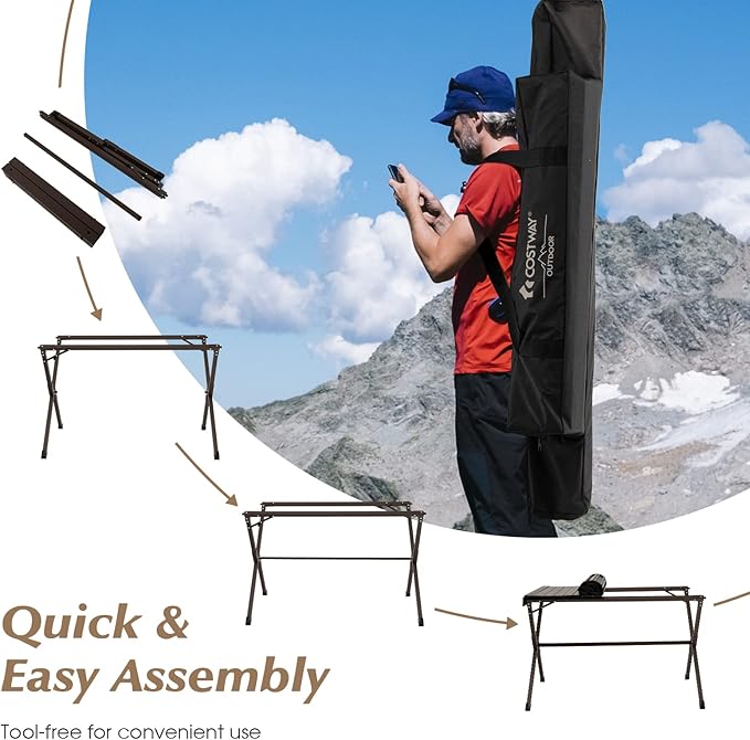 COSTWAY Portable Picnic Table, 28’’ x 43’’ Roll-Up Aluminum Beach Table with Carry Bag for 4-6 Person, Folding Camping Table with Sturdy X-Shaped Frame (Brown)