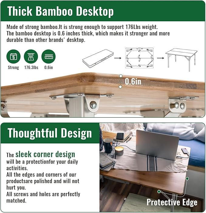 KingCamp Bamboo Folding Table Portable Camping Table Adjustable Height Camp Table 2-Folds for Travel, Picnic, Beach, Outdoor and Indoor, 4-6 People