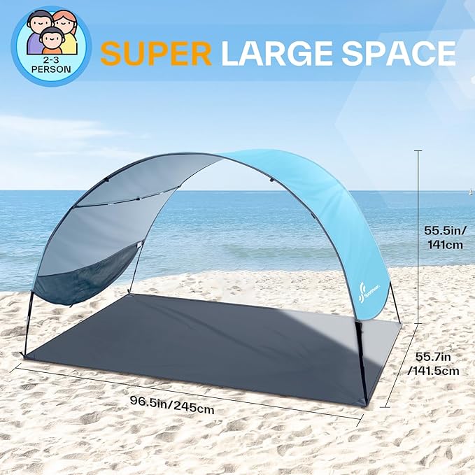 Sportneer Beach Tent Sun Shelter Beach Shade Canopy UPF 50+ UV Protection with 8 Wind Ropes and 12 Ground Stakes for Beach Camping Backyard Picnic Outdoor