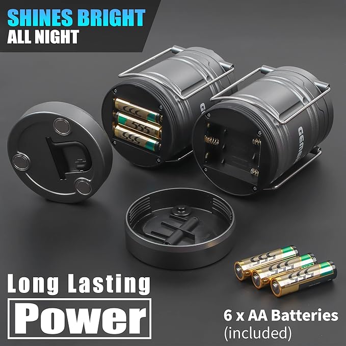 GEMEK Camping Lantern, 2 Portable LED Battery Powered Lantern with Magnetic Base & Foldable Hanging Hook- Collapsible Lamp Perfect for Power Outages, Hiking, Campsites, Roadside Car Repair (Gray)