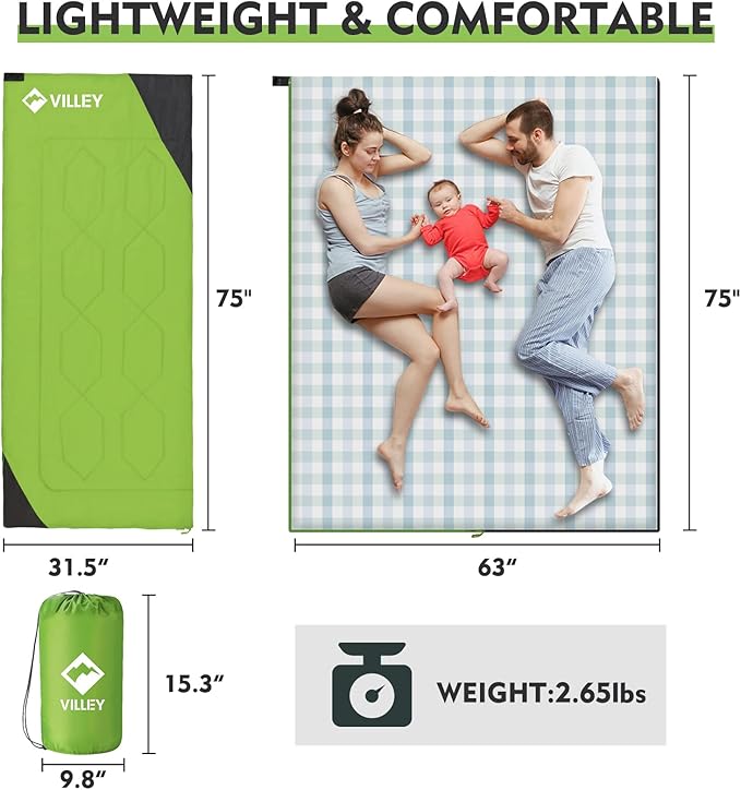 VILLEY Camping Sleeping Bag, Lightweight Backpacking Sleeping Bag with Carrying Bag for Adults & Kids, Outdoor Camping Hiking Equipment for 3 Season Warm & Cool Weather - Summer, Spring, Fall