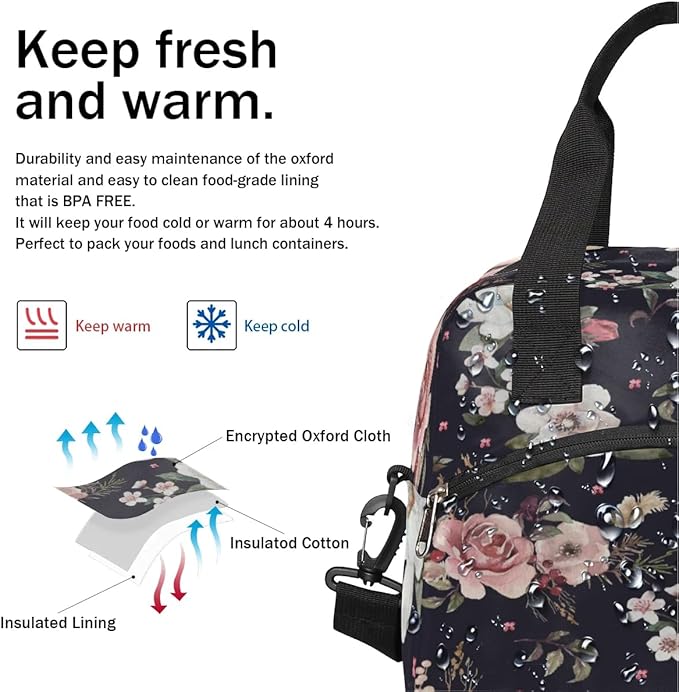 Insulated Lunch Bags for Women - Portable Leakproof Thermal Lunch Box Tote for Adult Men Cooler Bag with Adjustable Shoulder Strap for Work, Beach, Picnic or Travel (Flowers)
