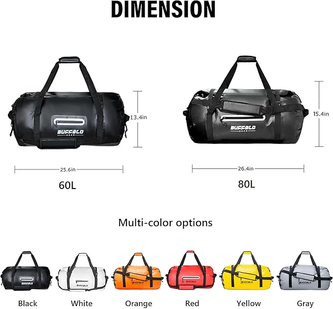 Buffalo Gear Waterproof Duffle Bag 40L 60L 80L Roll-top Dry Bag Heavy Duty Waterproof Duffel Travel Bag for Kayaking Rafting Boating Fishing Camping