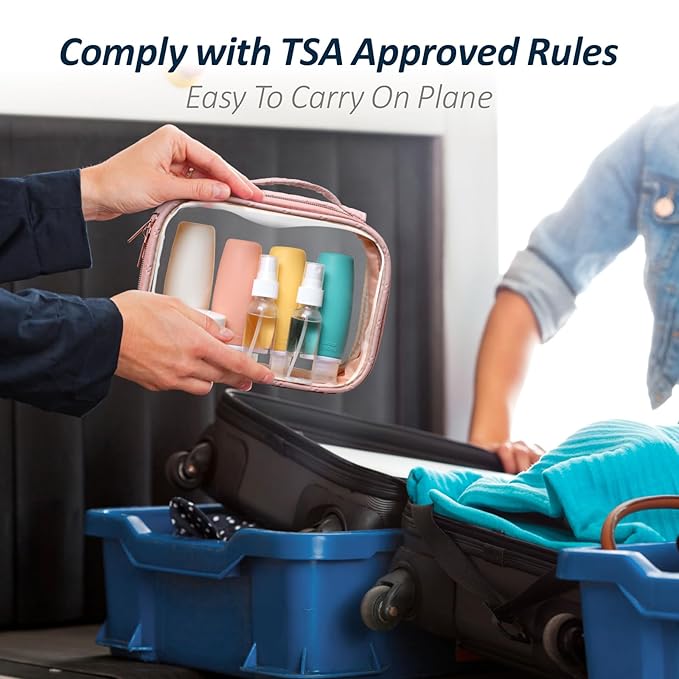 PACKISM TSA Approved Toiletry Bag with Bottles - Travel Essentials 8 Pack Leakproof 3.4oz Silicone Travel Bottles for Toiletries, Shampoo Conditioner Lotion Body Wash BPA Free, Pink