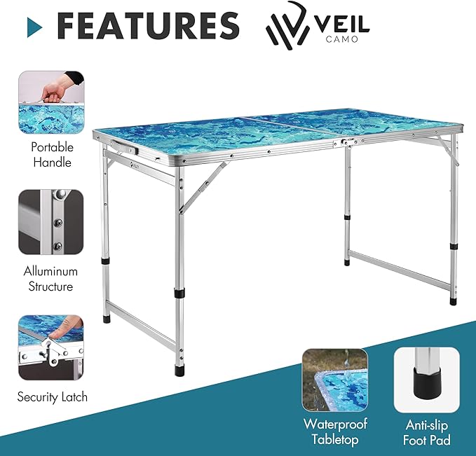 VILLEY Folding Camping Table 4FT, Large Portable Aluminum Table with Adjustable Height, Foldable Lightweight Picnic Table with Carry Handle for Camping, BBQ, Outdoor & Indoor Activities