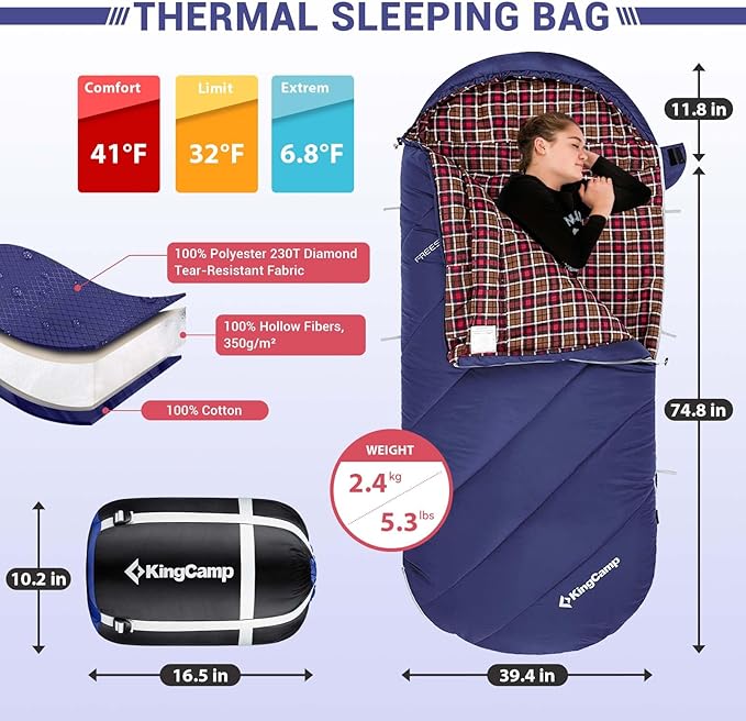 KingCamp Sleeping Bag for Adults, Cold Weather & Warm Extra Wide Big & Tall XL Portable Waterproof Flannel Sleeping Bags, Essentials Gear Accessories for Camping Backpacking Hiking Indoor & Outdoor
