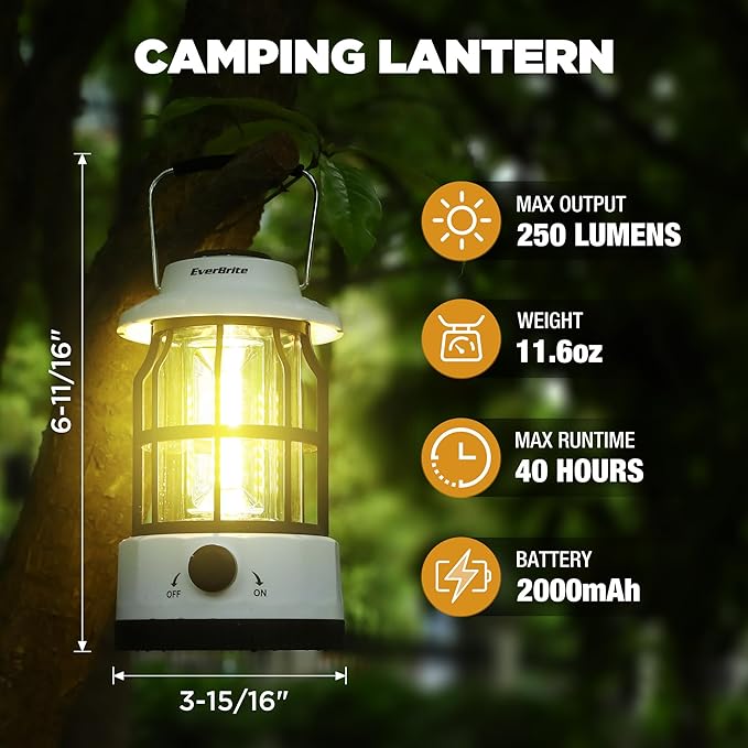 EverBrite LED Camping Lantern, USB C Rechargeable with Stepless Dimming, Vintage Portable Camping Lights & Lanterns for Power Outages, Hurricane, Emergency, Fishing, Home and More