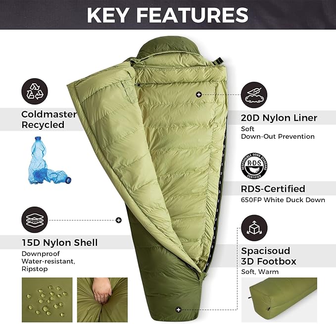 ATEPA Down Sleeping Bag for Adults, 650FP Recycled Mummy Cold Weather Ultralight 3 Season Waterproof Compact Packable Sleeping Bag with Stuff Sack & 15D Nylon Shell for Backpacking Camping Hiking
