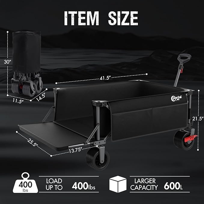 PORTAL 26" Extra Wide 55" Long Foldable Wagon with Tailgate, Large 600L Collapsible Wagon with Cargo Net, 400 LBs Heavy Duty Utility Cart with Big All-Terrain Wheels for Beach, Camping, Sports, Dogs
