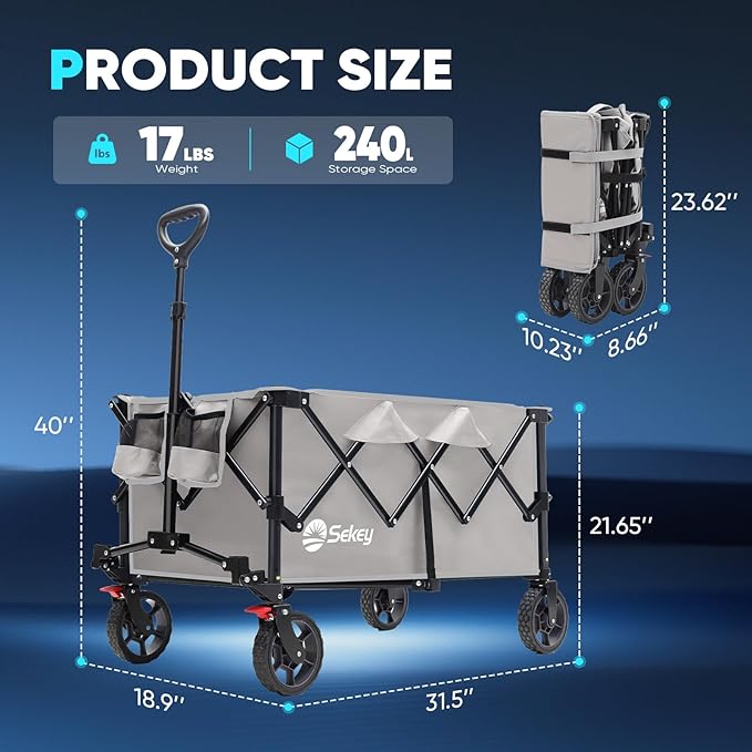 Sekey Collapsible Foldable Wagon with 330lbs Weight Capacity, Heavy Duty Folding Wagon Cart with Big All-Terrain Wheels & Drink Holders. Gray