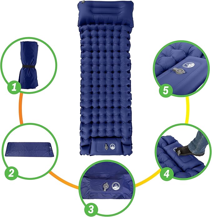 Wakeman Sleeping Pad for Camping - Inflatable Mat with Built-in Foot Pump - Waterproof Camp Mattress - Camping Gear Must Haves Outdoors (Blue)