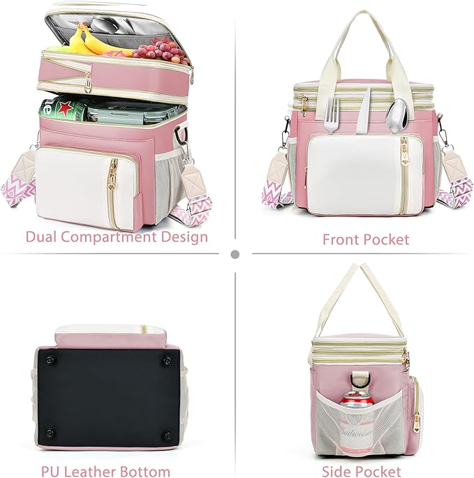 LOKASS Lunch Box for Women-16L-Insulated Lunch Bag Women, Expandable Double-layer Leakproof Cooler Bag with Upgrade Adjustable Shoulder Strap Ideal for Work/Travel/Picnics（Pink&White）