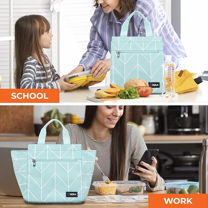 opux Lunch Bag for Women, Insulated Lunch Box Tote for Girls Kids Adult School Work, Reusable Womens Lunch Tote for Office Travel, Cute Small Lunch Tote, Fits 12 Cans - Chevron Teal