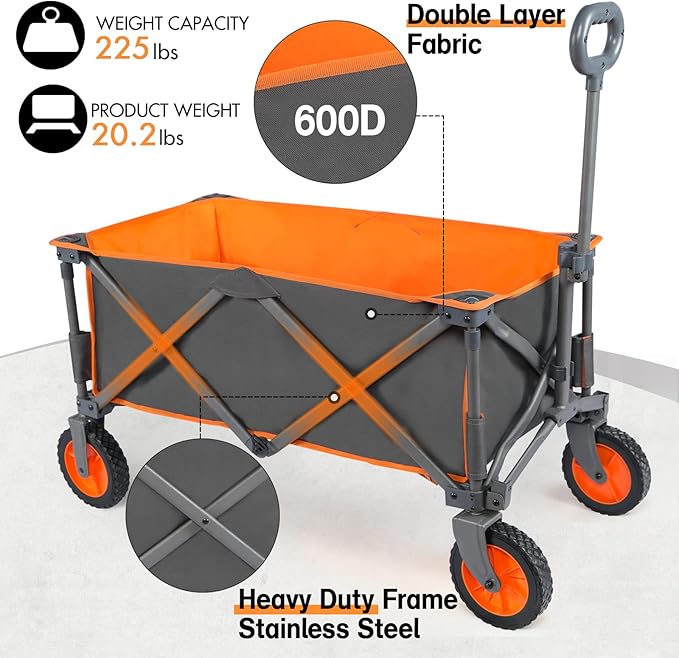 PORTAL Collapsible Folding Wagon, Push Pull Foldable Beach Wagon Cart with All-Terrain Wheels, Heavy Duty Utility Grocery Wagon for Outdoor Camping Garden Sport Shopping, Holds 225 lbs, Grey/Orange