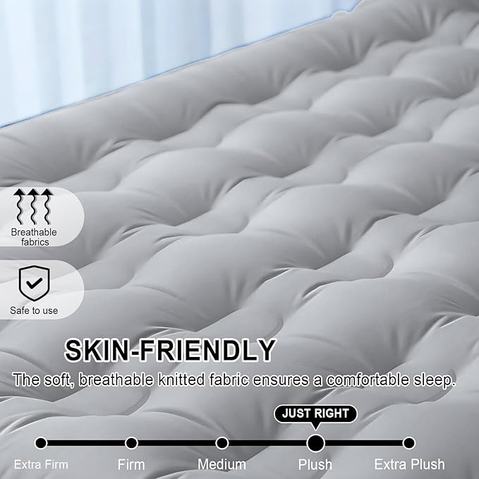 Air Mattress Queen with Built-in Rechargeable Battery Pump, Portable Camping Air Bed, Cooling Pongee Fabric Mattress for Summer Use, Foldable Inflatable Bed (18" Gray)