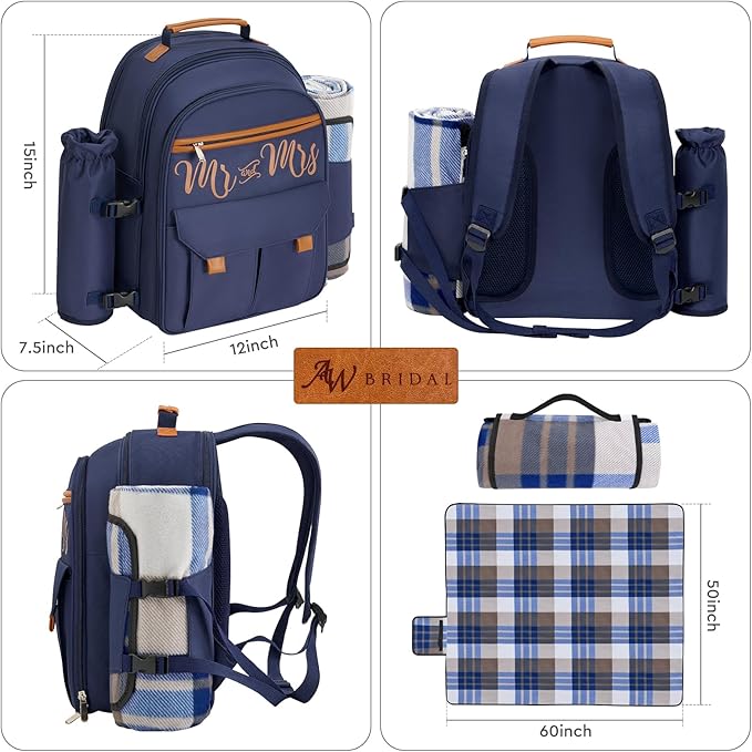 Couple Gifts 22L Picnic Basket Set, Blue Insulated Picnic Backpack for 2, Leak Proof Cooler Camping Gifts, Cool Bridal Shower Gifts Anniversary Engagement Wedding Gifts for Couples, Mr and Mrs Gifts