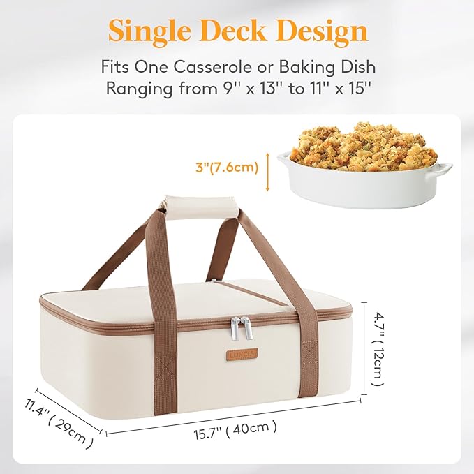 Insulated Casserole Carrier for Hot or Cold Food, Lasagna Lugger Tote for Potluck Parties/Picnic/Cookouts, Fits 9"×13" Baking Dish, Cream