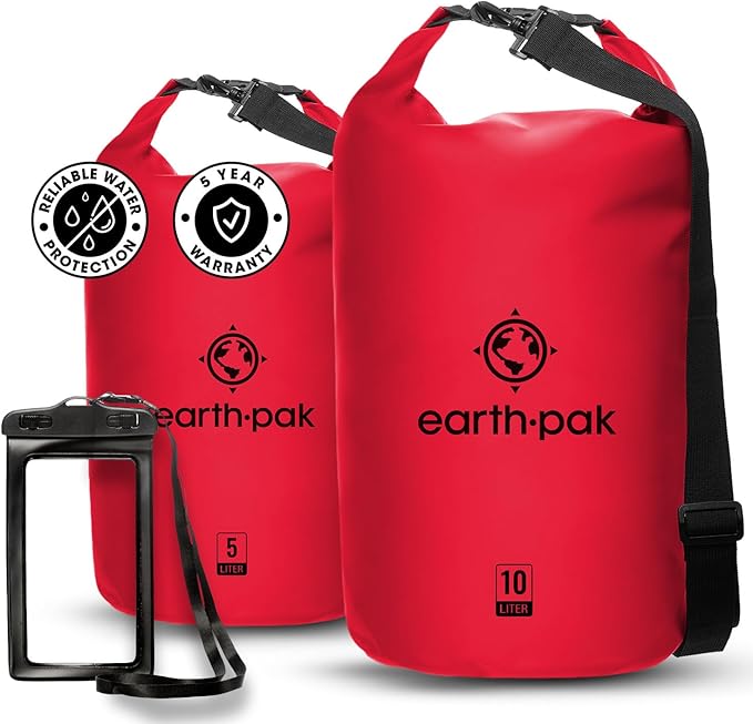 Earth Pak Waterproof Dry Bag - Roll Top Waterproof Backpack Red 5L & 10L