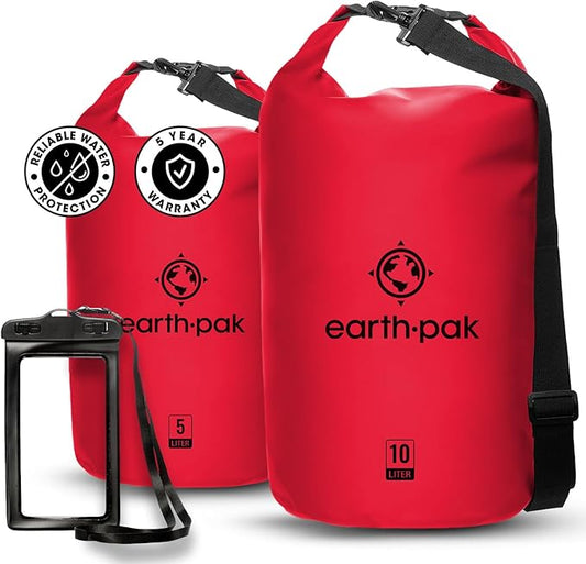 Earth Pak Waterproof Dry Bag - Roll Top Waterproof Backpack Red 5L & 10L