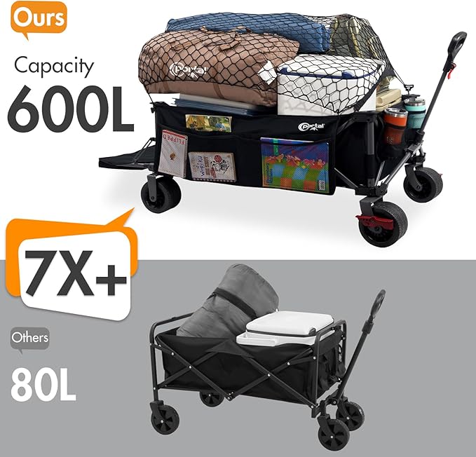PORTAL 26" Extra Wide 55" Long Foldable Wagon with Tailgate, Large 600L Collapsible Wagon with Cargo Net, 400 LBs Heavy Duty Utility Cart with Big All-Terrain Wheels for Beach, Camping, Sports, Dogs