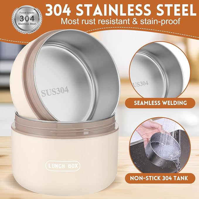 Dandat 2 Pcs Insulated Lunch Containers Thermal Bento Box with Bag Fork Knife Microwavable Stainless Steel Lunch Box 15.2 oz 21 oz Separate Stackable Thermal Food Jar for Adult Men Women(Beige)