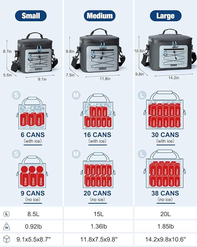 Cooler Bag, 8/16/30 Can Soft Sided Small Portable Insulated Cooling Pack, Everyday Lunch Cooler, Leakproof Ice Chest for Beach, Camping, Travel, Picnic