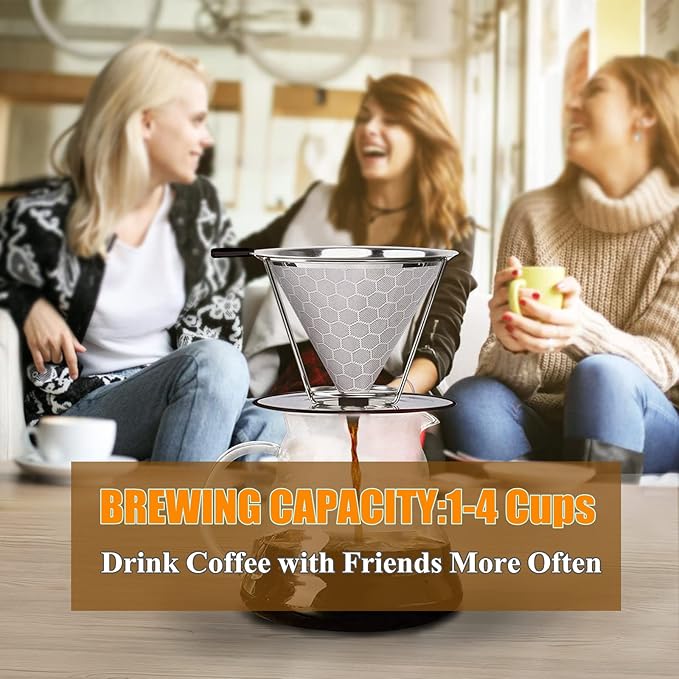 Pour Over Coffee Dripper, Reusable Cone Coffee Filter 1-4 cup, Stainless Steel Portable Coffee Filters Coffee Maker with Cleaning Brush for Home Office Travel Camping