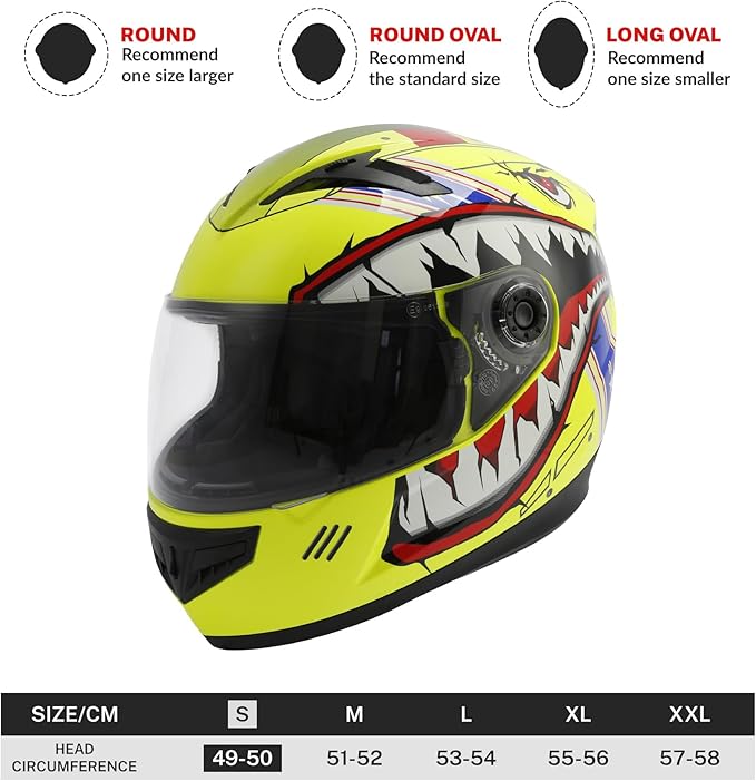 TCT-MOTORPARTS DOT Youth Kids Helmet Motocross ATV Full Face Four Wheeler Helmets for Offroad Street Dirt Bike Go-Kart BMX MX Snowmobile Skateboard Yellow Shark Mouth Small