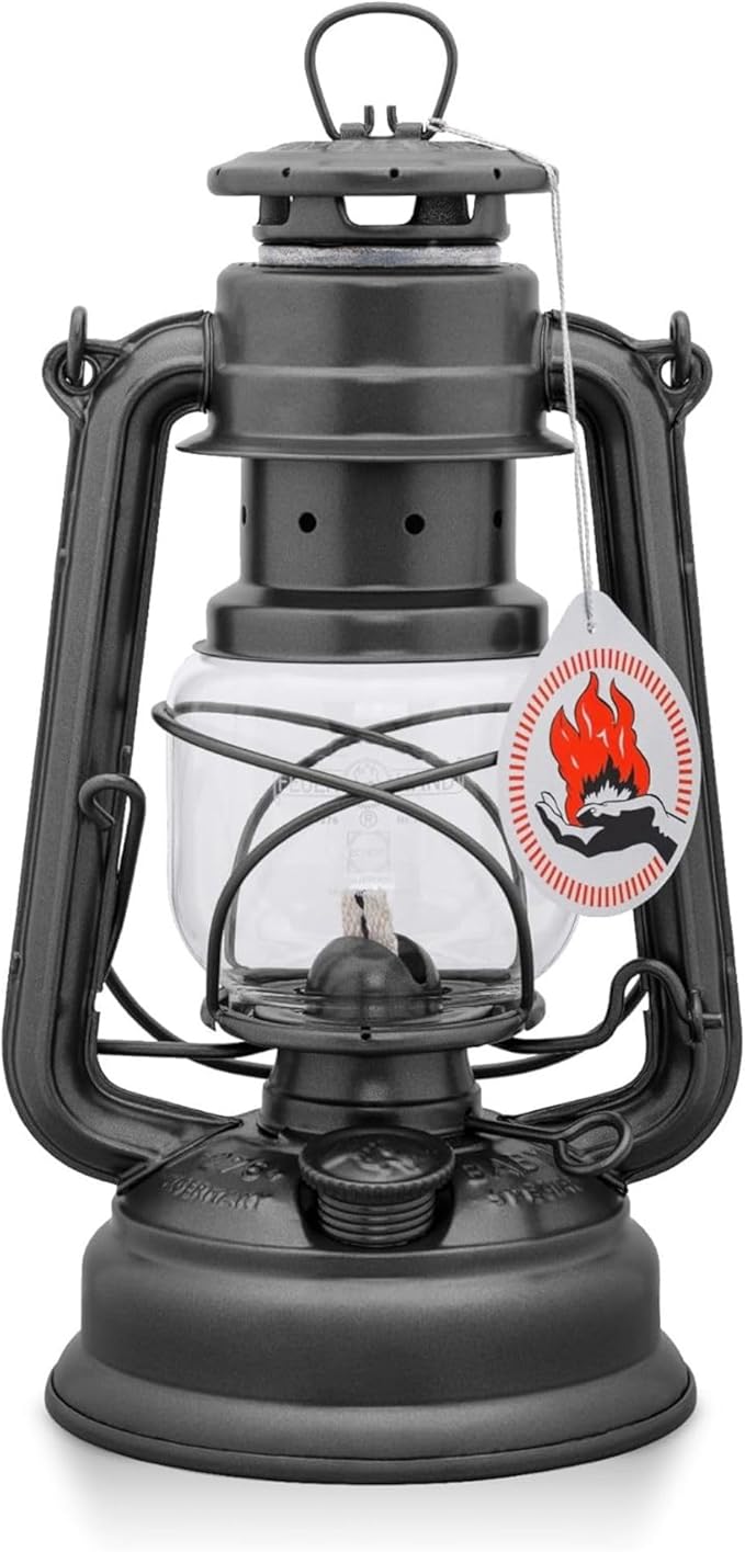 Outdoor Kerosene Fuel Lantern, German Made Weather Resistant Baby Special 276 Galvanized Hurricane Lamp for Camping or Patio, 10 Inches, Sparkling Iron Gray