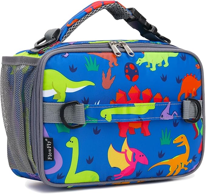 FlowFly Kids Lunch Bag, Durable Insulated School Lunch Box with Shoulder Strap and Bottle Holder, Water-resistant Thermal Small Lunch Cooler Tote for Teen Boys & Girls,Dinosaur