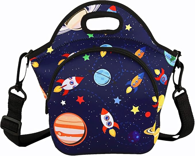 Violet Mist Neoprene Lunch Bag Insulated Lunch Bag Tote Cute Large Thermal Lunchbags with Pocket Detachable Adjustable Shoulder Strap Lunchbox Food Handbags Gift for Women Men Adult, Space Planet