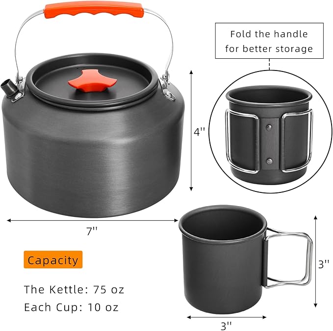 3 Pieces Camping Kettle, 2.5L Portable Camping Water Boiler with Storage Bag and 2 Cups, Coffee Tea Pot Set for Open Fire, Outdoor Activity, Stove, Hiking, Backpacking