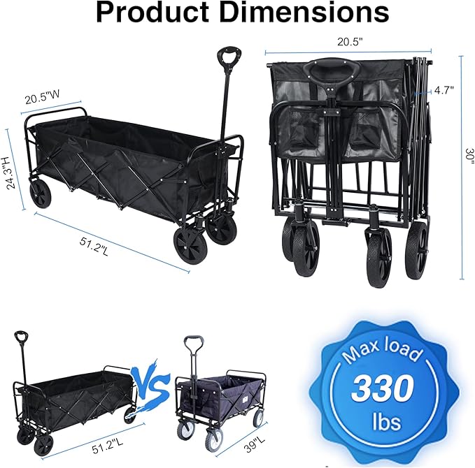 YSSOA Heavy Duty Folding Portable Hand Cart with Removable Canopy, 8'' Wheels, Adjustable Handles and Double Fabric for Shopping, Picnic, Beach, Camping