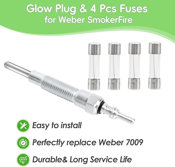 SafBbcue Glow Plug for Weber SmokeFire EX4/EX6/EPX6 Wood Pellet Grills with 4pcs 250V Grill Fuses for Weber Wood Pellet Grills,Replacement Glow Plug for Weber 7009,an Element to Ignite Wood Pellets